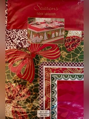 NWT Seasons Christmas Fabric Tablecloth 60x120 Red Green Gold Holiday